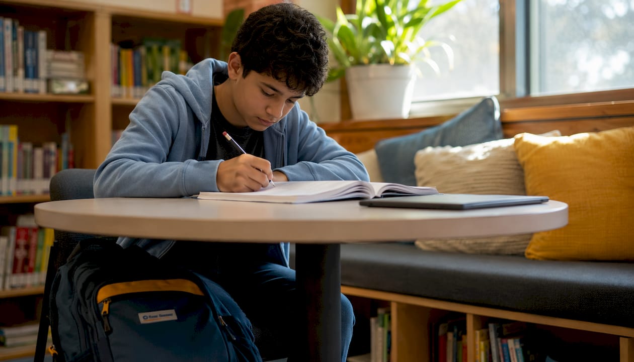 Middle school student studying independently in library