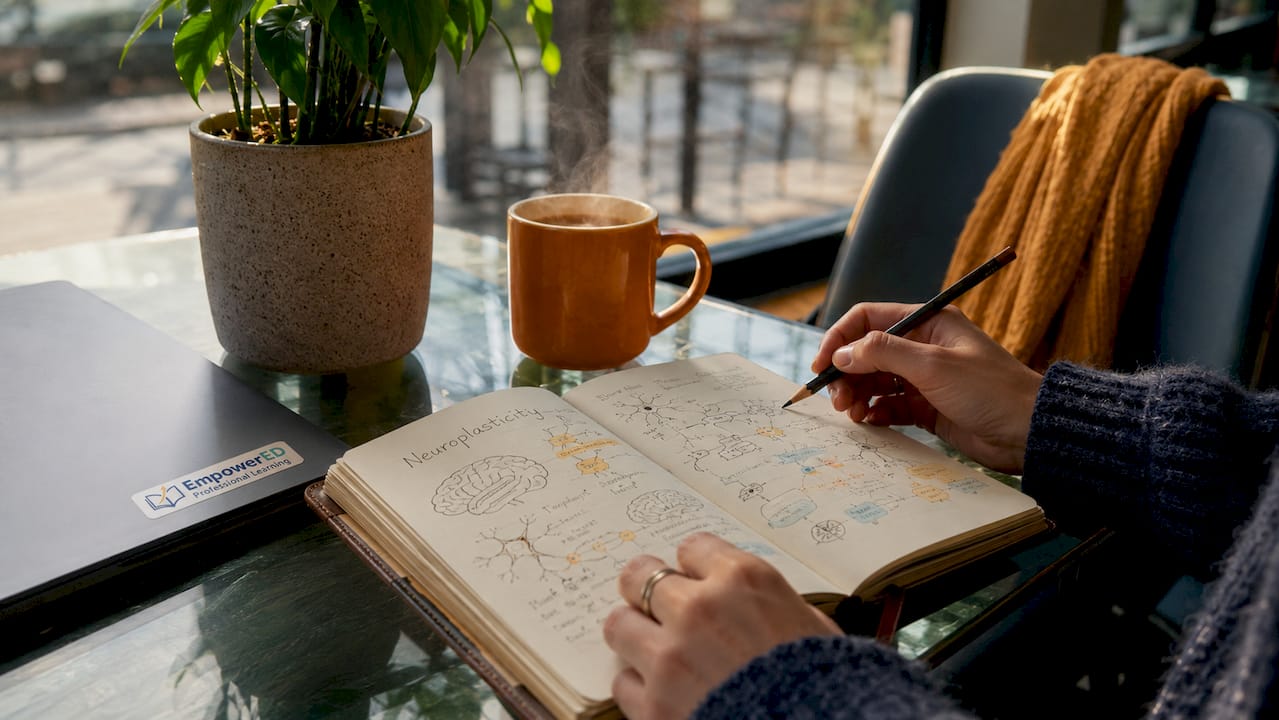 Hands writing neuroplasticity notes on paper