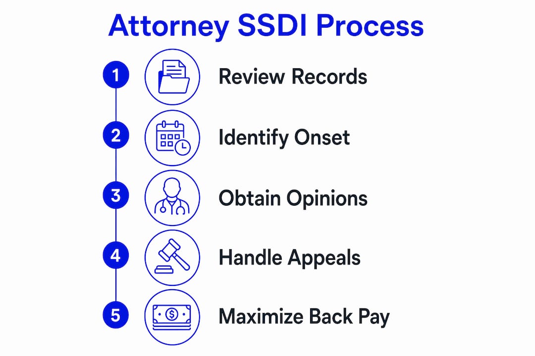 Infographic outlining SSDI attorney steps in claims