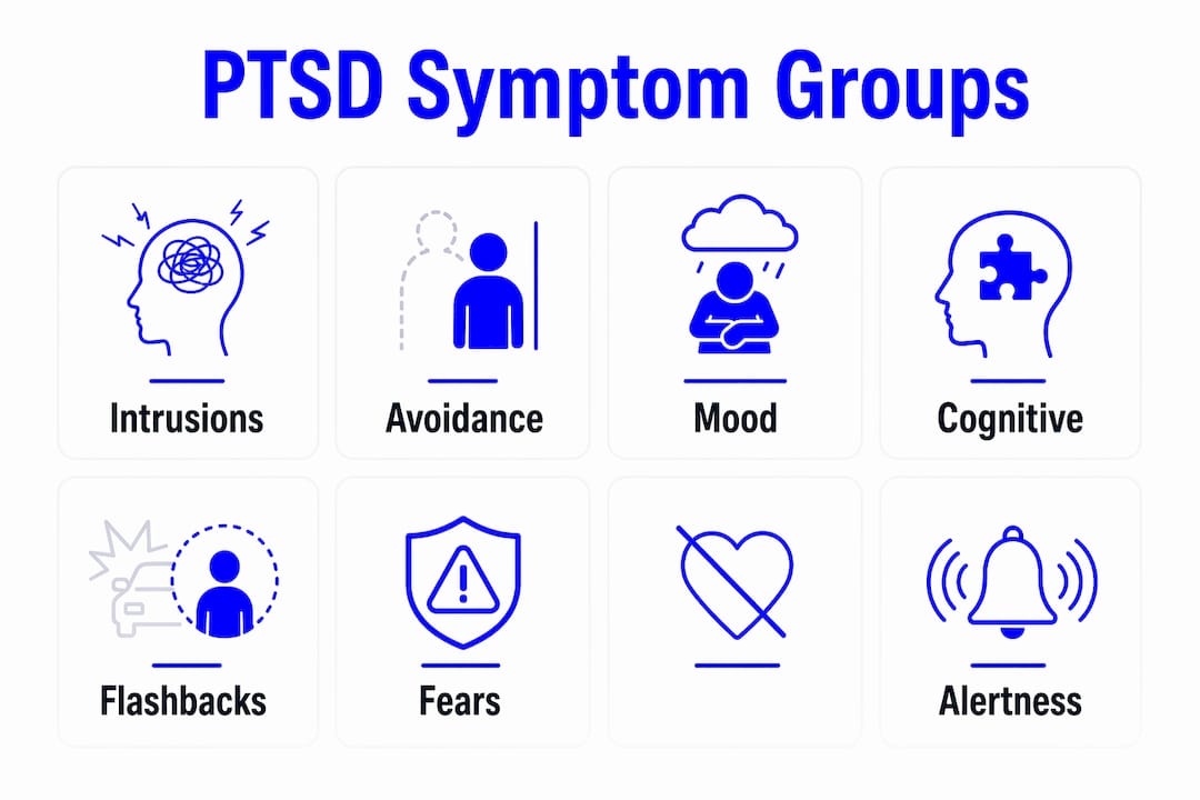 Infographic depicting four key PTSD symptom categories