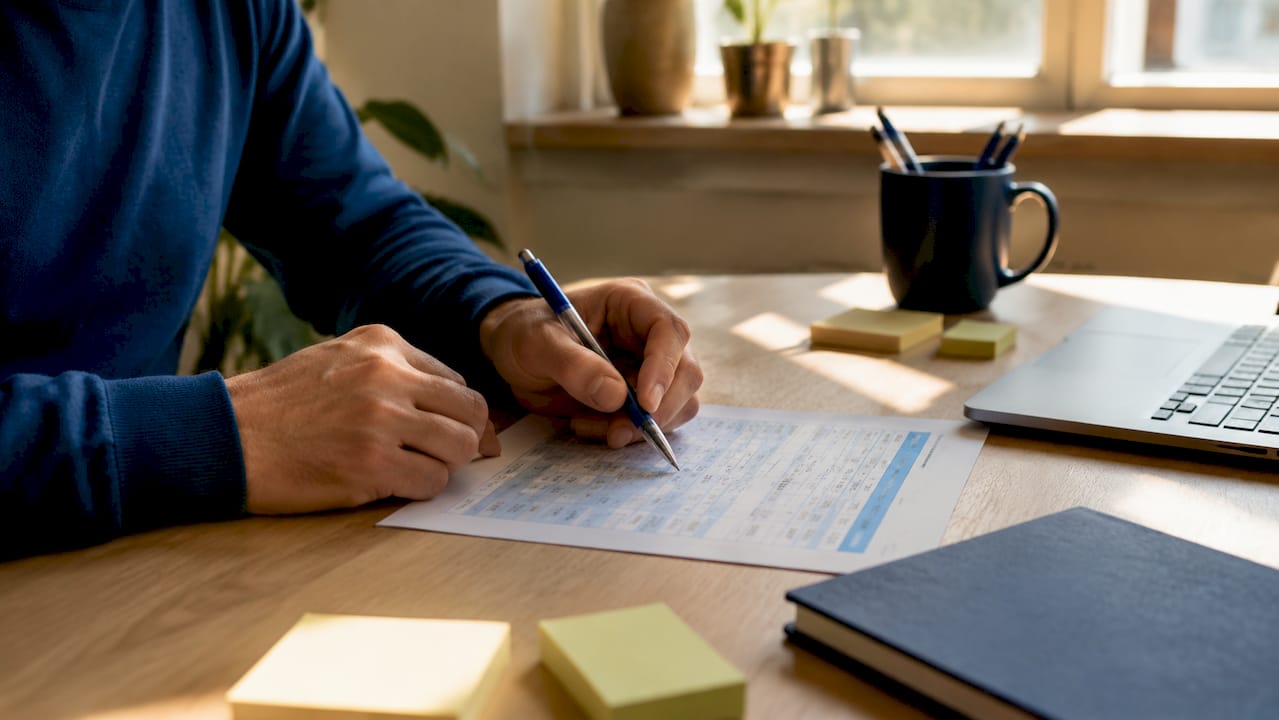 Hands drafting SSDI attorney fee payment paperwork overhead view