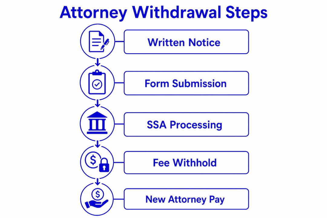 Infographic illustrating SSDI attorney withdrawal steps and fee process