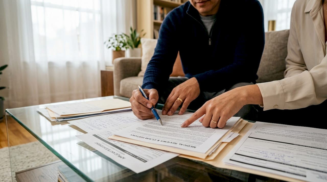 Hands reviewing disability claim paperwork together