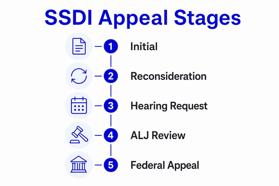 Infographic illustrating SSDI appeal stages and deadlines