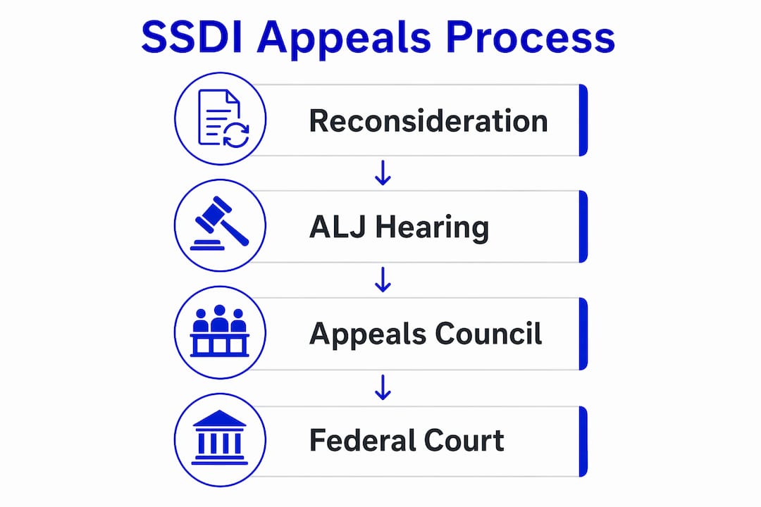 Infographic showing four SSDI appeals levels in vertical flow