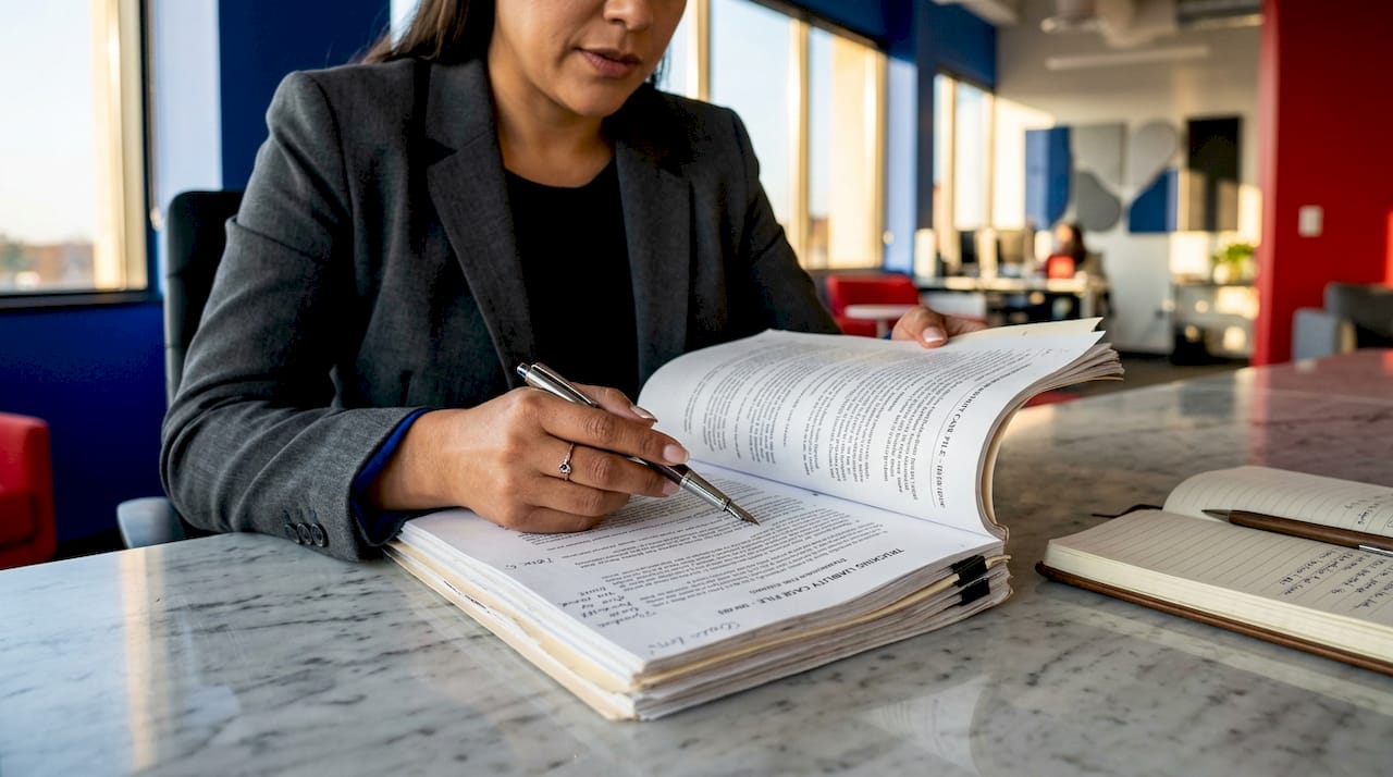 Close-up hands reviewing legal trucking documents