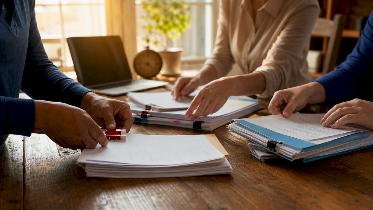 Hands organizing lost wages claim documents on desk