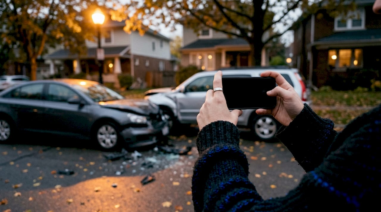 Hands recording accident scene video on phone
