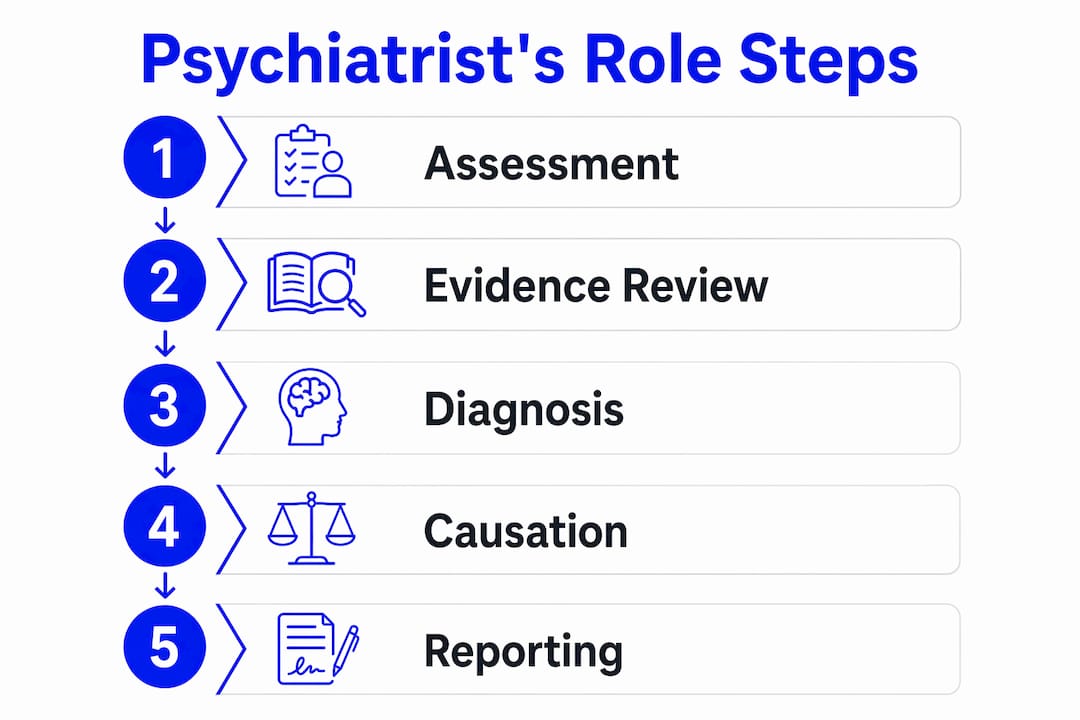 Infographic outlining psychiatrist's role steps in injury claims
