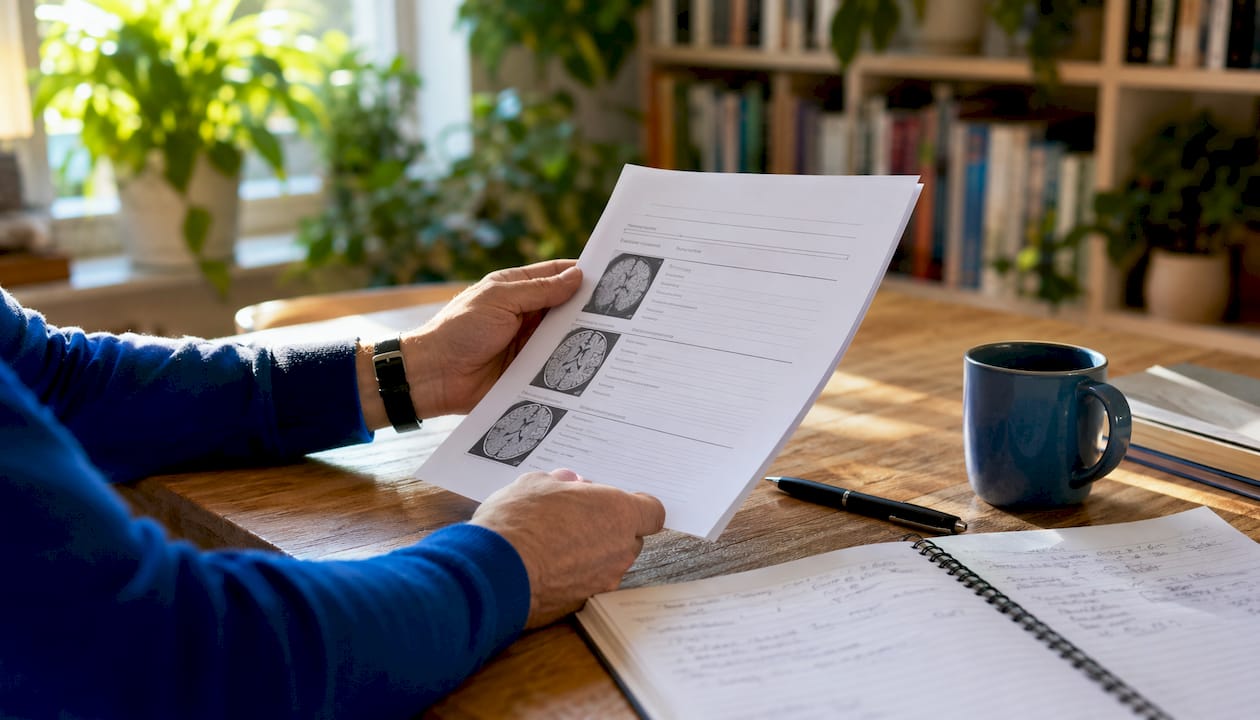 Hands reviewing psychiatric report for legal case