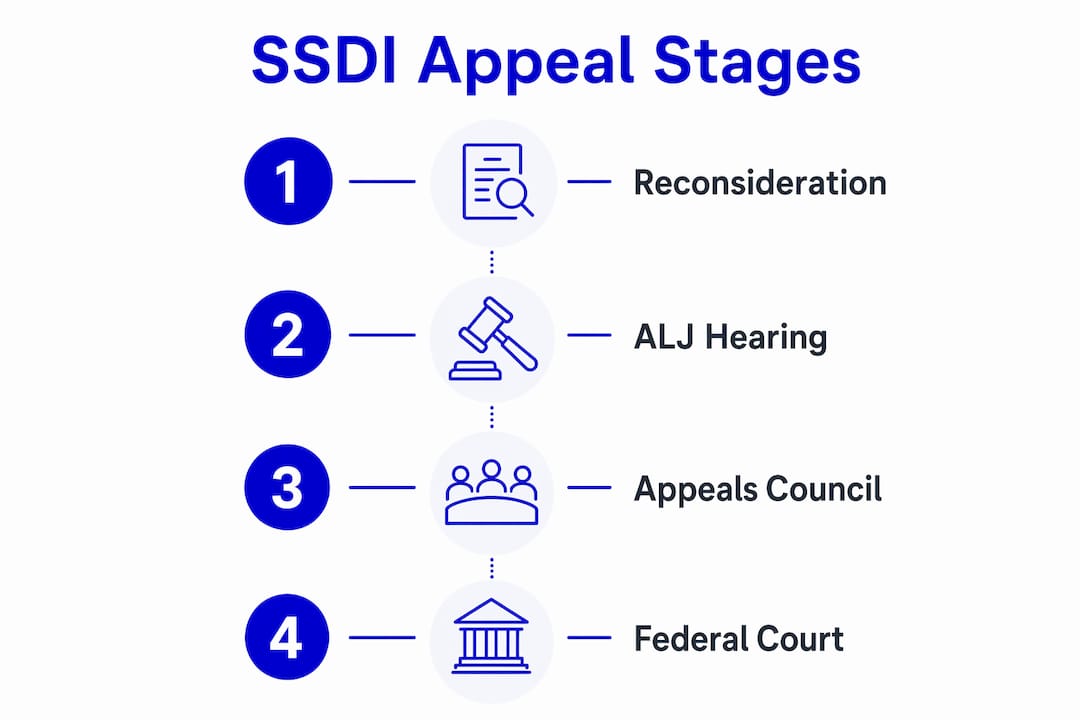 Infographic showing four stages of SSDI appeals process
