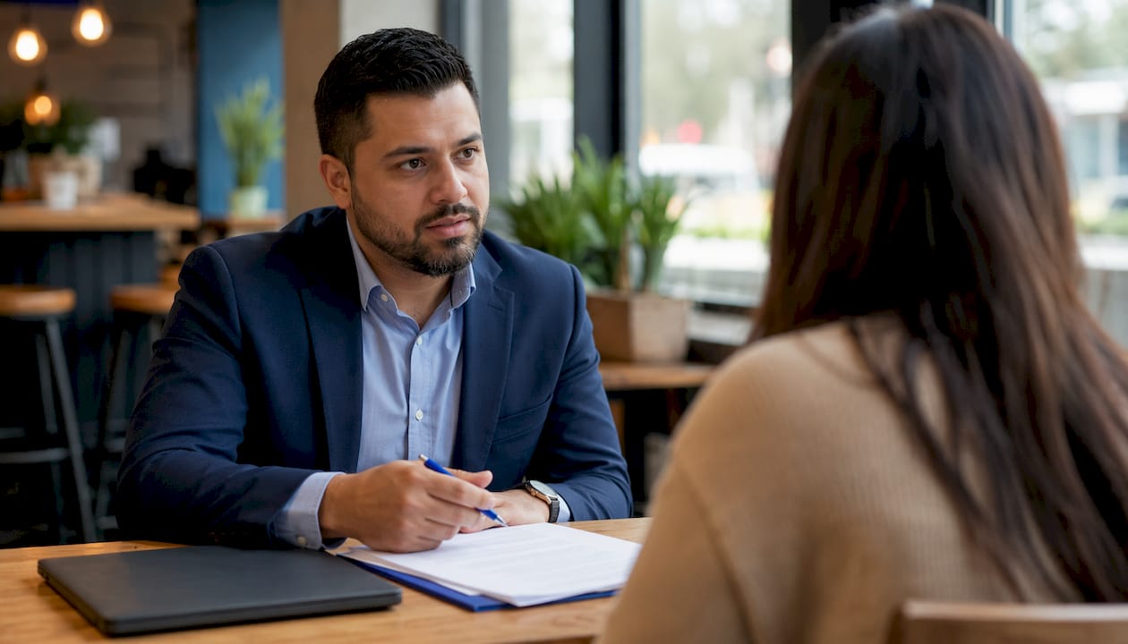 Attorney listening during client consultation