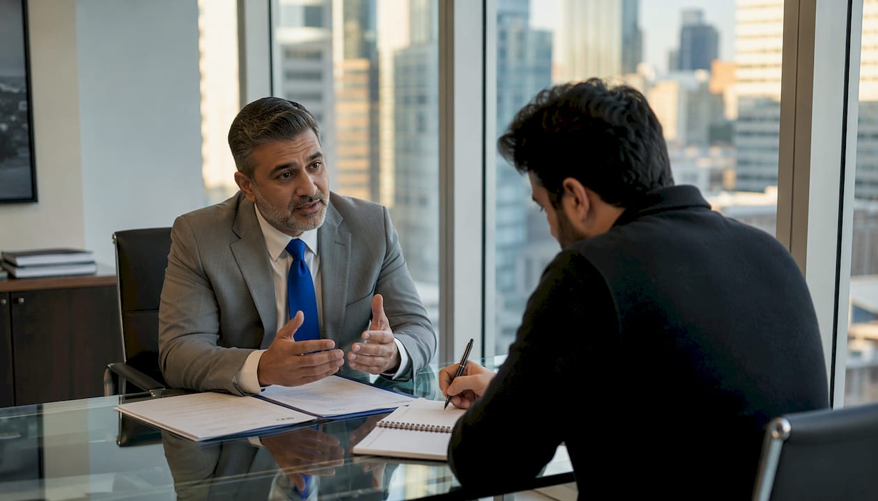 Attorney consulting client about claim evaluation
