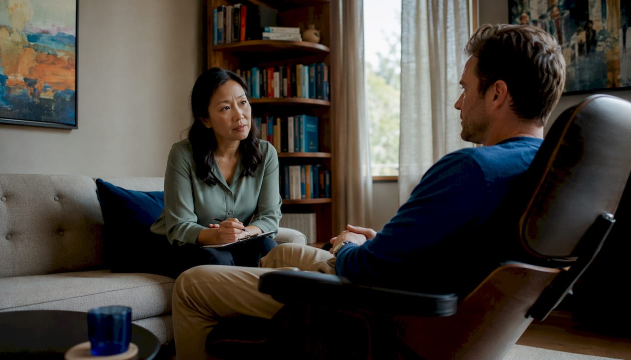 Psychiatrist assessing patient with accident phobia