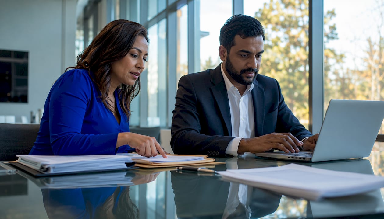 Two legal aid professionals discussing case documents