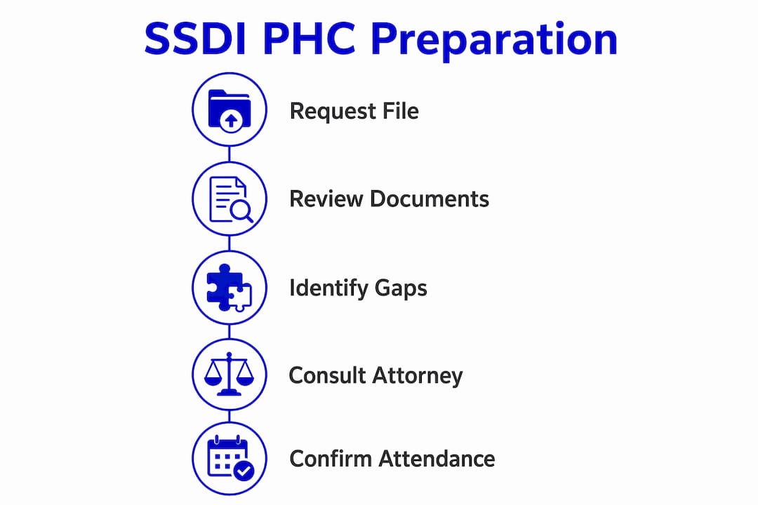 Infographic depicting SSDI pre-hearing conference preparation steps