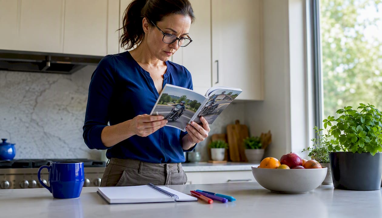 Woman reading motorcycle lane splitting laws at home desk