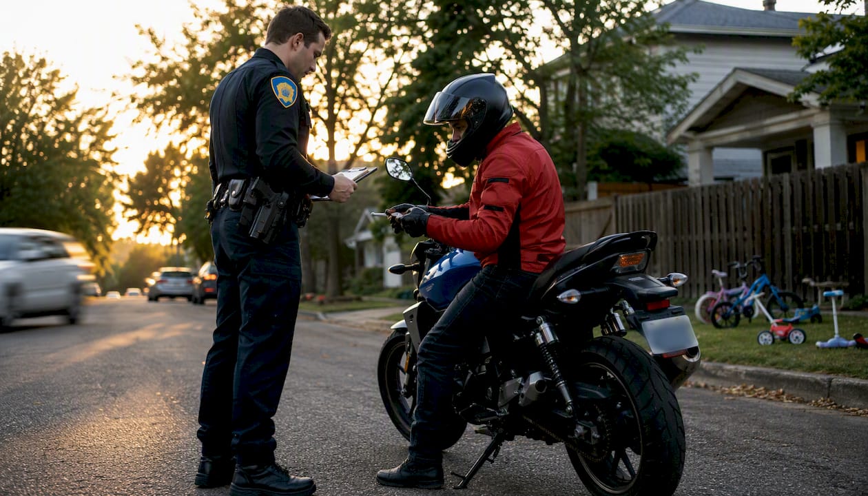 Police officer issuing citation to motorcyclist on city street