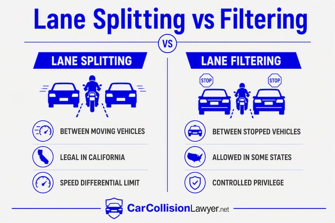 Infographic contrasting lane splitting and lane filtering rules