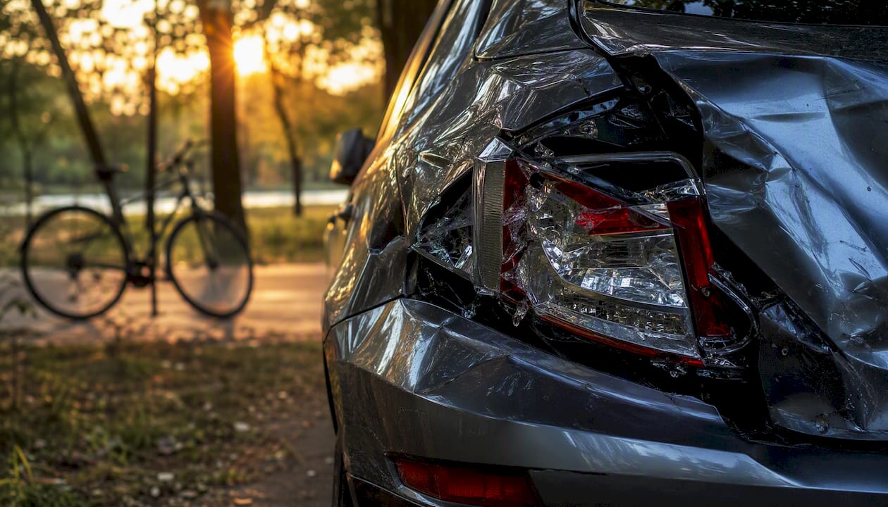 Close-up of damaged car front after collision