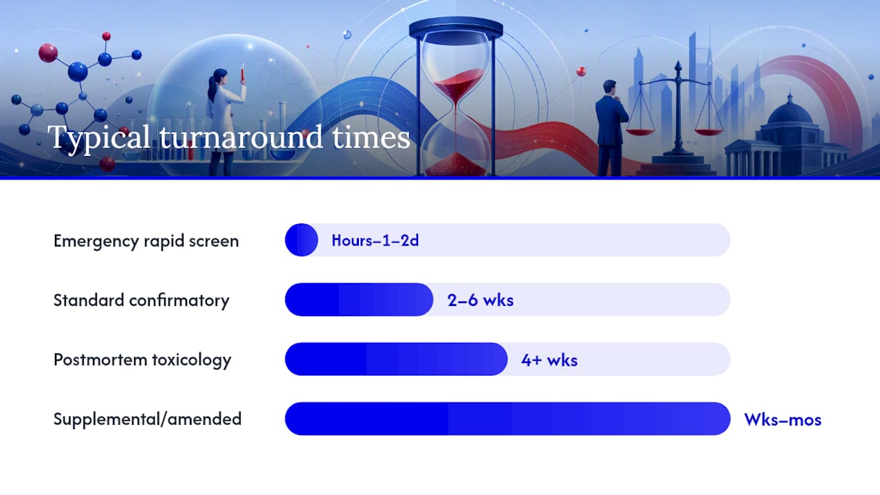Diagram of toxicology testing types and turnaround times