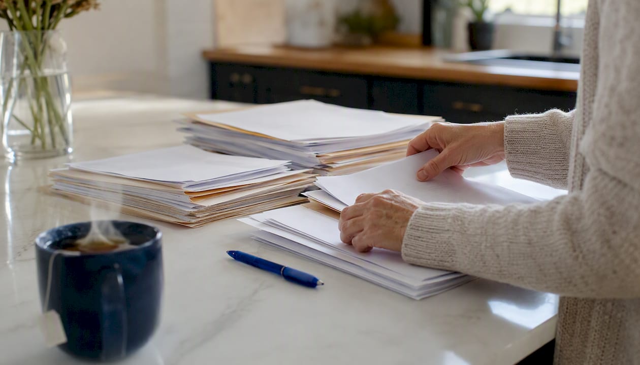 Hands sorting medical records on table