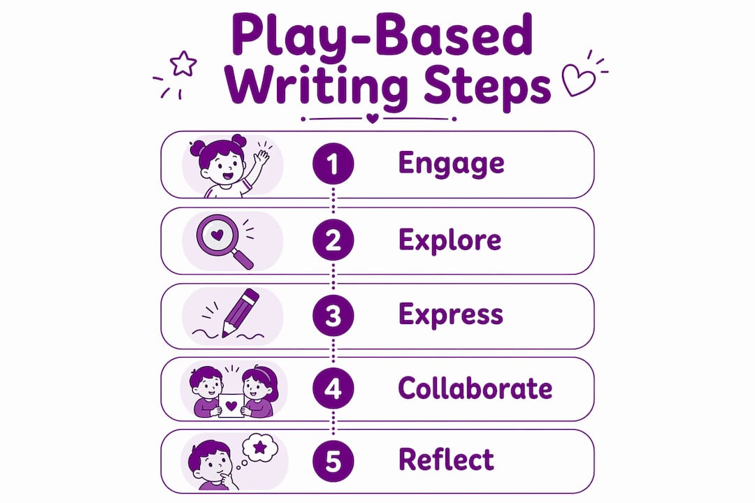 Infographic illustrating play-based writing process steps