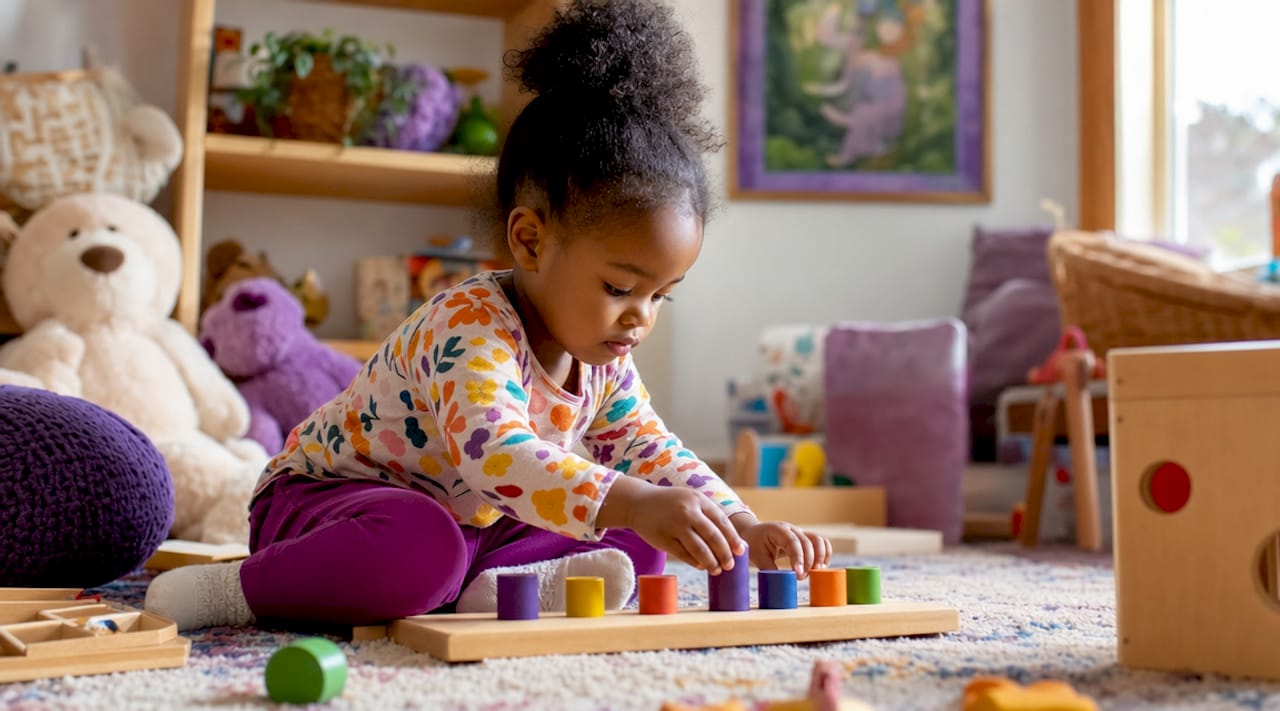Child hands using Montessori bilingual materials