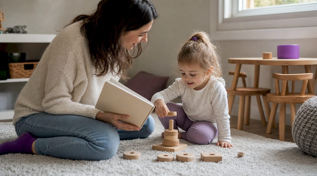 Teacher guiding preschooler in early writing activity