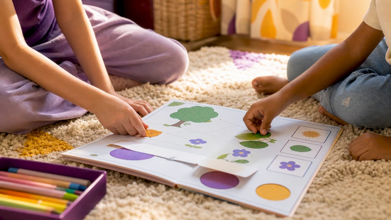Child hands working on Montessori activity book