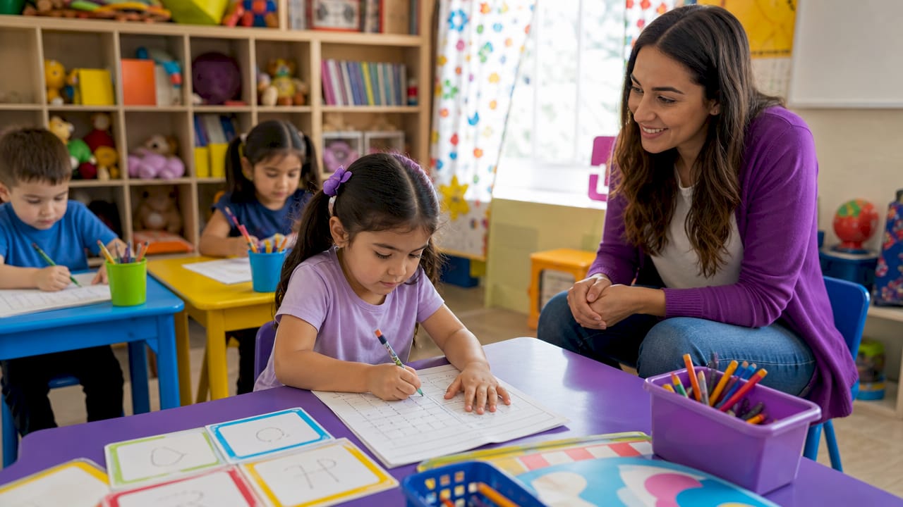 Teacher observing children tracing letters in classroom