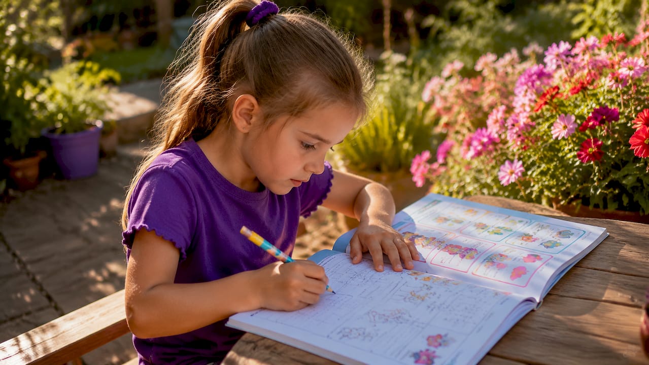 Child writing in traditional workbook at desk