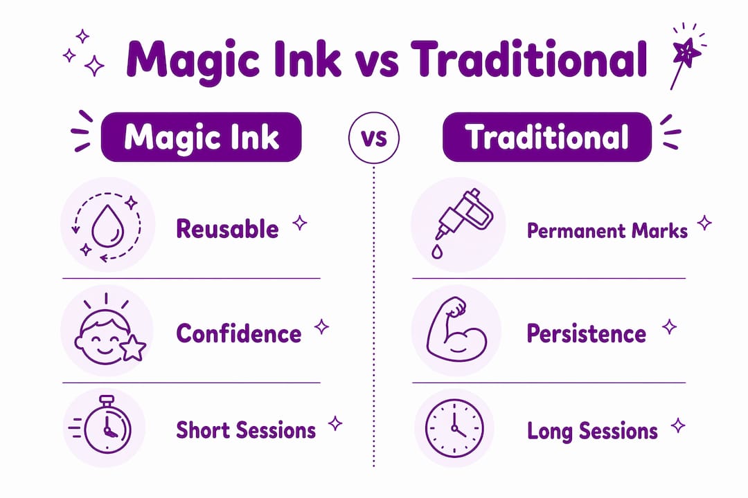 Infographic comparing magic ink books and traditional workbooks