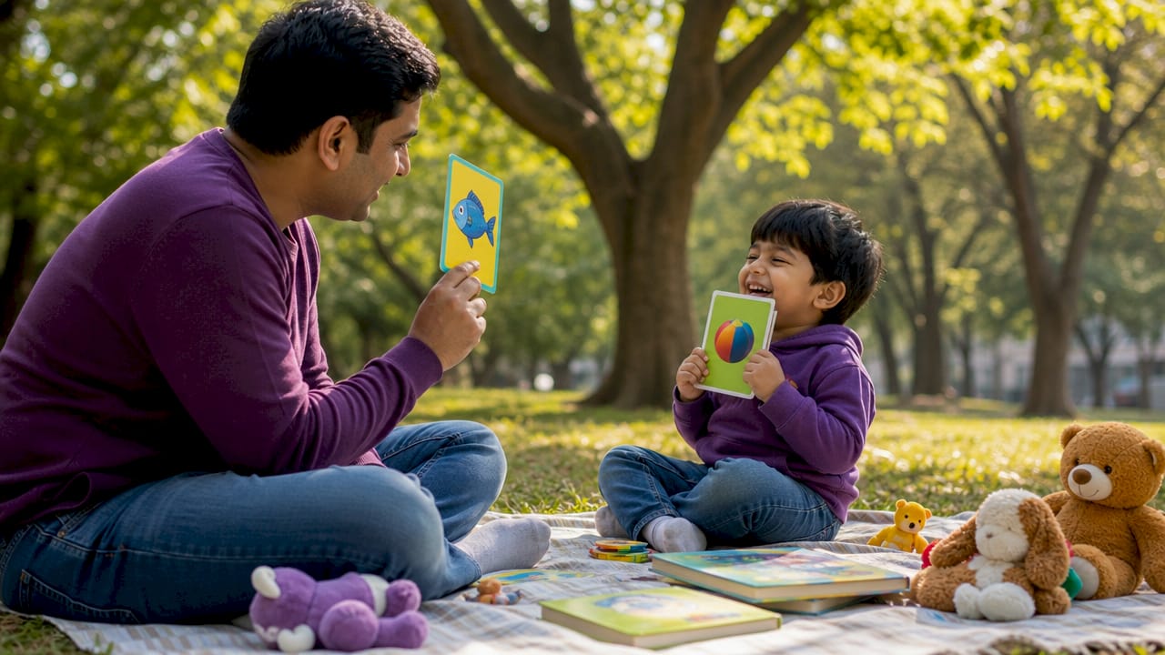 Father and son playing rhyming game on floor