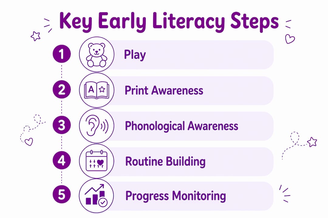 Infographic showing key early literacy steps