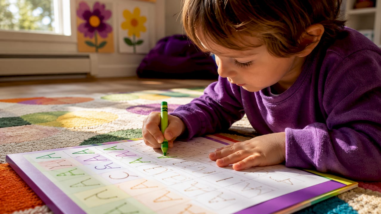Close-up of hands tracing letters on worksheet