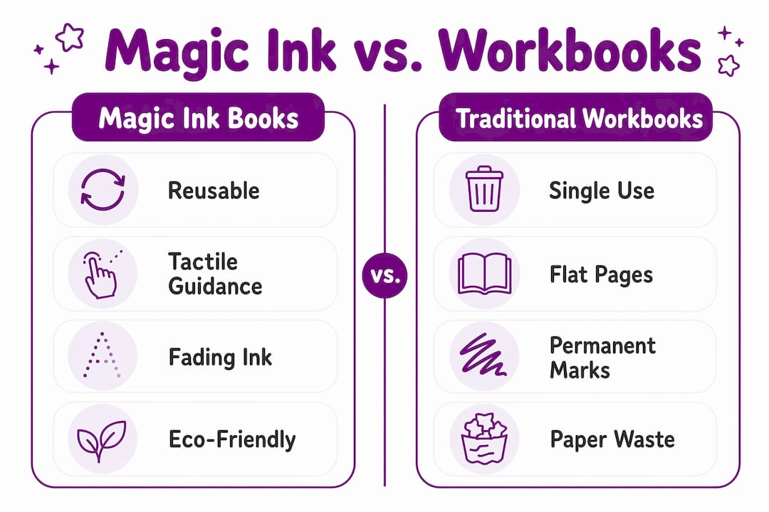 Comparison infographic of magic ink books and traditional workbooks