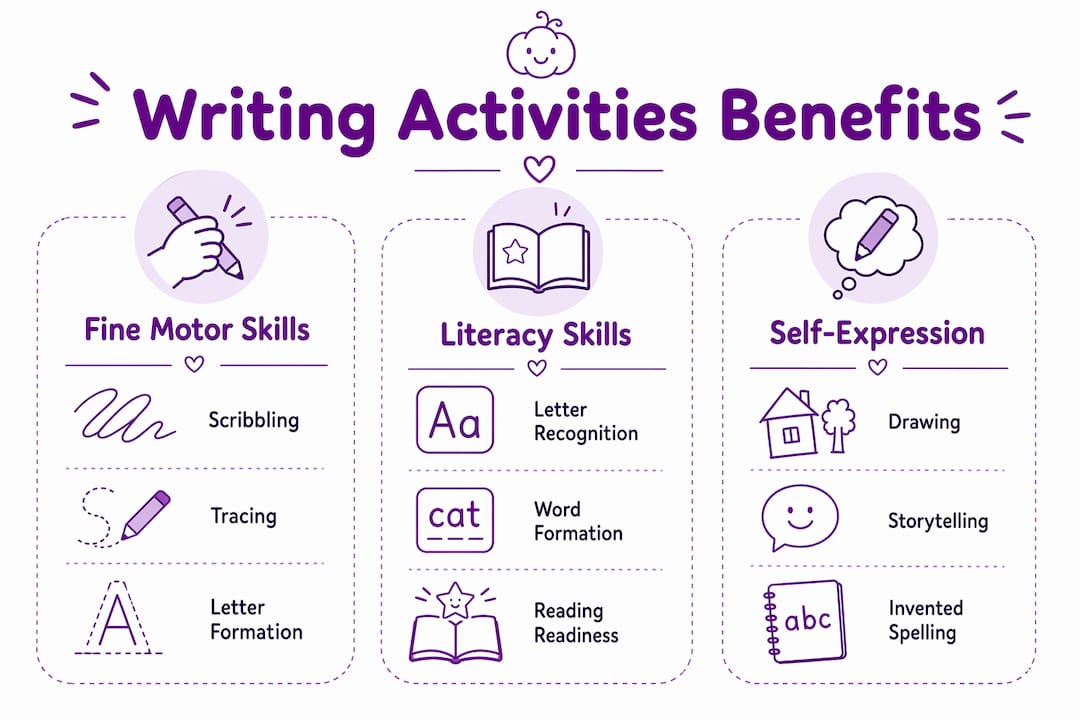 Infographic comparing benefits of preschool writing activities