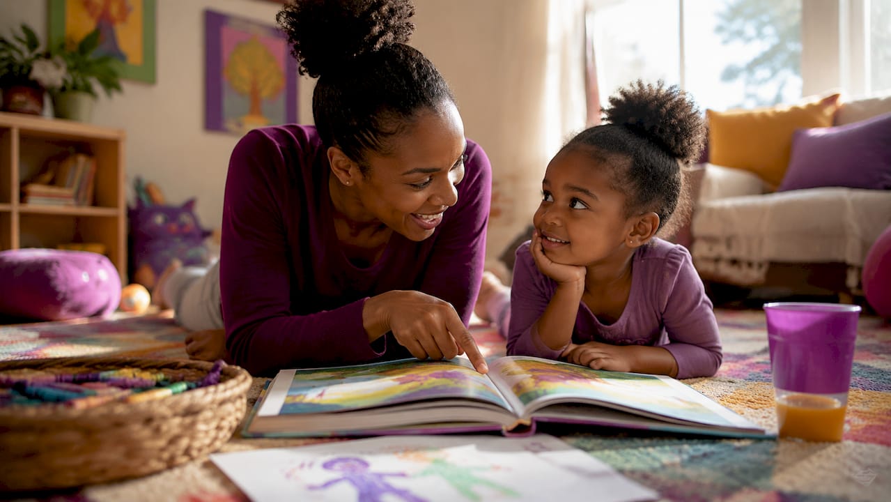 Mother pointing at picture book with child