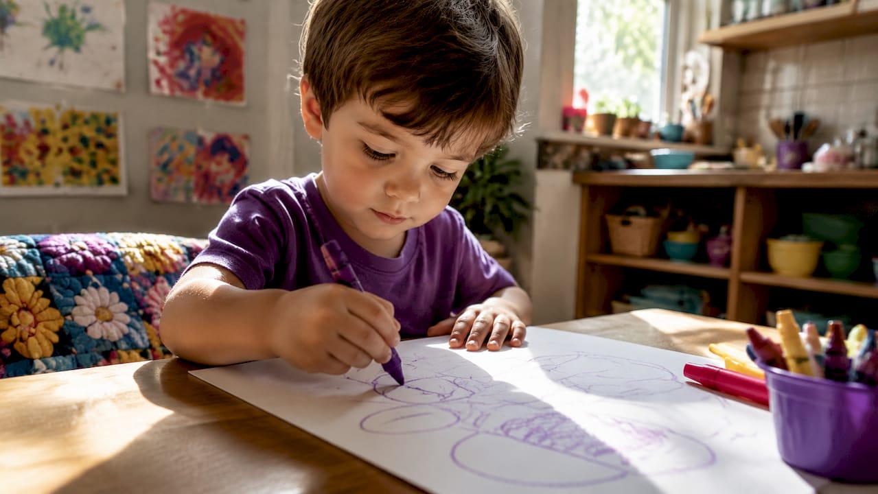 Preschool boy drawing with crayon