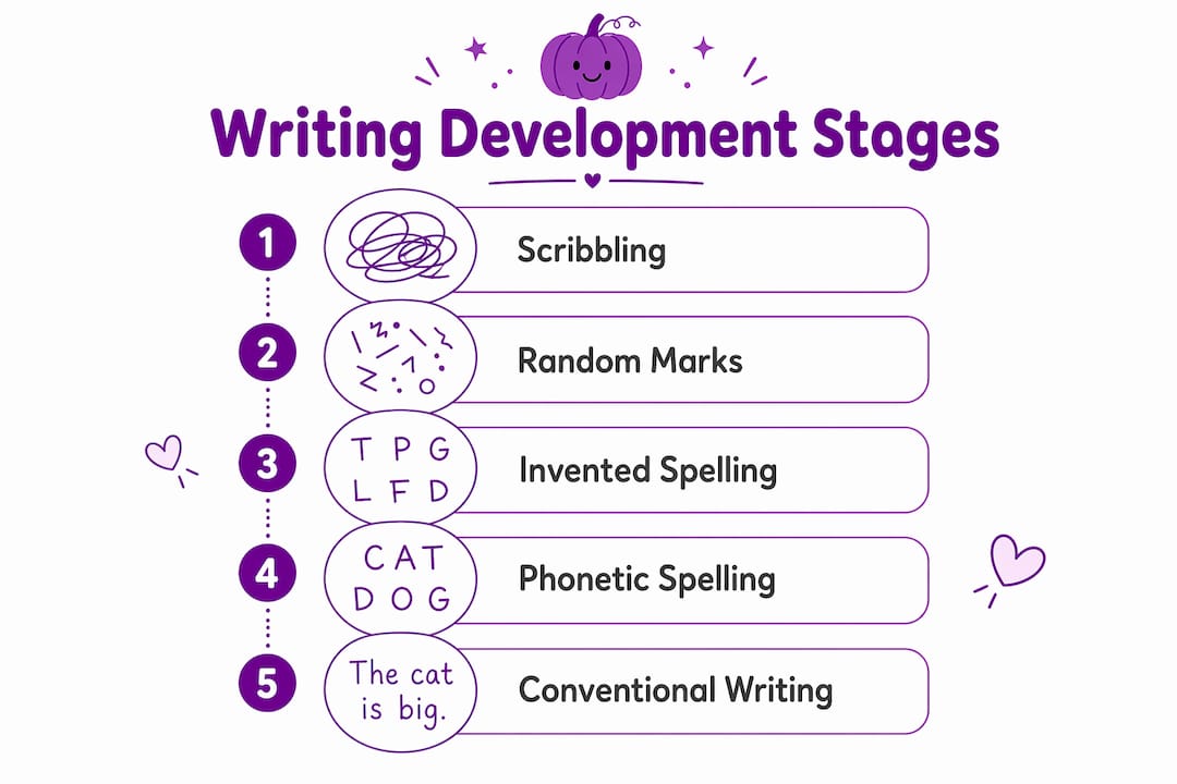 Infographic illustrating writing development stages