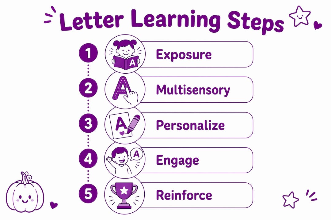 Infographic illustrating steps for letter learning