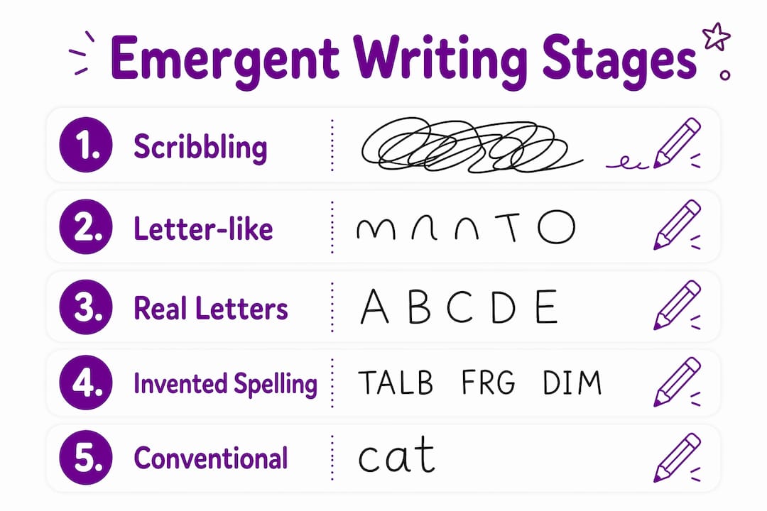 Infographic outlining five stages of emergent writing