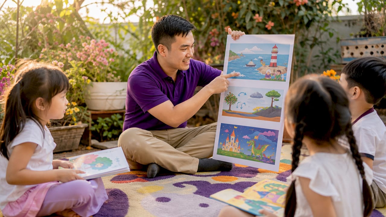 Teacher explaining illustration types to children