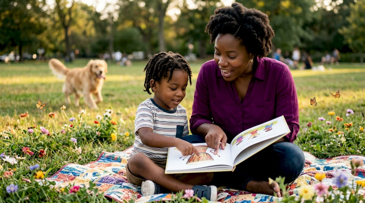 Mother and child discussing cultural book illustration