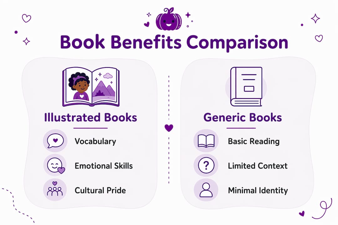Infographic comparing illustrated and generic book benefits