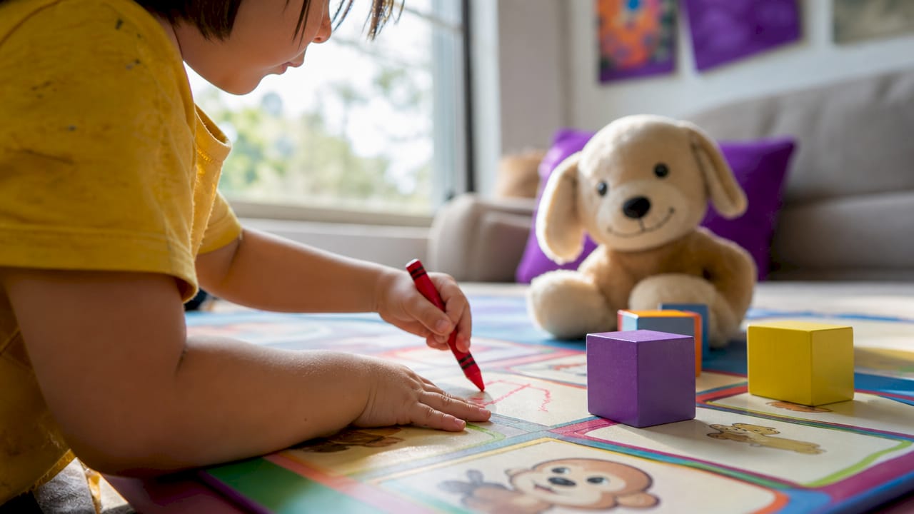 Child's hands writing letters on paper with pencil