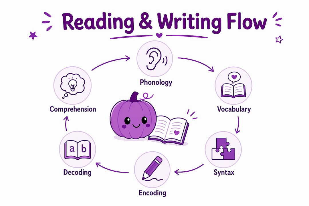 Infographic showing core language systems flow between reading and writing