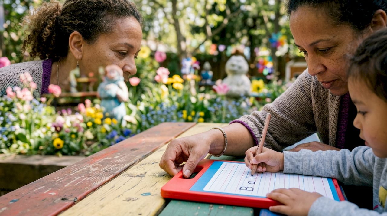 Teacher guiding child's hand forming letters