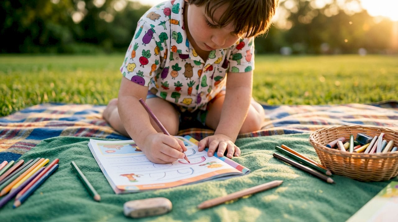 Child tracing letters in workbook close-up